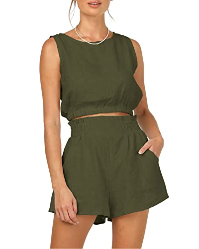 AUTOMET Women s Summer 2 Piece Outfits Shorts Sets Sleeveless Round Neck Crop Top Tank and High Waisted Shorts with Pockets