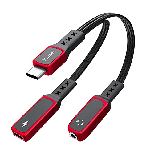 Xumee Upgraded USB C to 3.5mm Audio Adapter and Charger, 2-in-1 USB-C Splitter Aux and Charging, Type C Headphones Mic Jack Dongle Compatible with Pixel 5 4 XL, Galaxy S22 S21 S20 S20+ Note 20(Red)