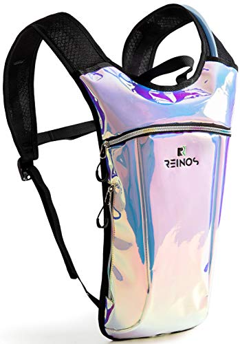 REINOS Hydration Backpack - Light Water Pack - 2L Water Bladder Included for Running, Hiking, Biking, Festivals, Raves Holographic - Blue
