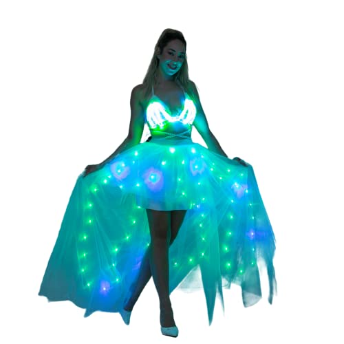QooGoo Women Tulle Tutu Skirts,LED Light Up Long High Low Ruffles Christmas Wedding Party Rave Outfit Steampunk Dovetail Skirt(White+Smart LED L ©