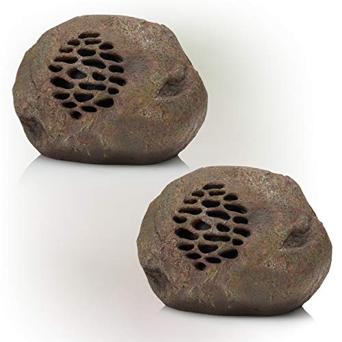 Alpine Corporation Weather-Resistant Bluetooth Solar-Powered Outdoor Wireless Rock Speaker Set of 2, Brown