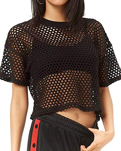 CLOZOZ Women's Mesh Cover Up See Through Fishnet T-Shirt Crop Top