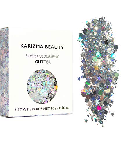 KARIZMA Holographic Silver Body Glitter. 10g Chunky Face Glitter, Hair Glitter, Eye Glitter and Body Glitter for Women. Rave Glitter, Festival Accessories, Cosmetic Glitter Makeup. Loose Glitter Set